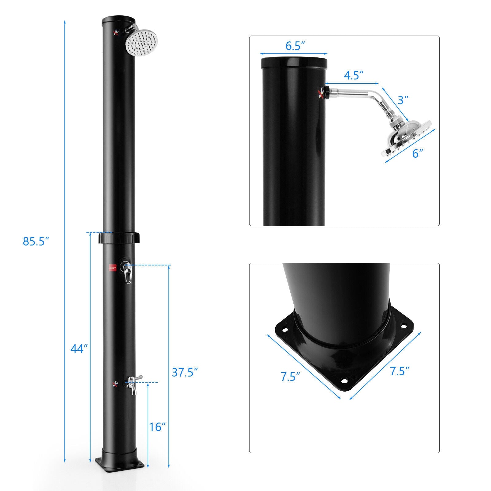 GemGear 7.2 ft solar-heated outdoor shower with black powdercoated post and rotating chrome head on Tampa Home & Garden Store