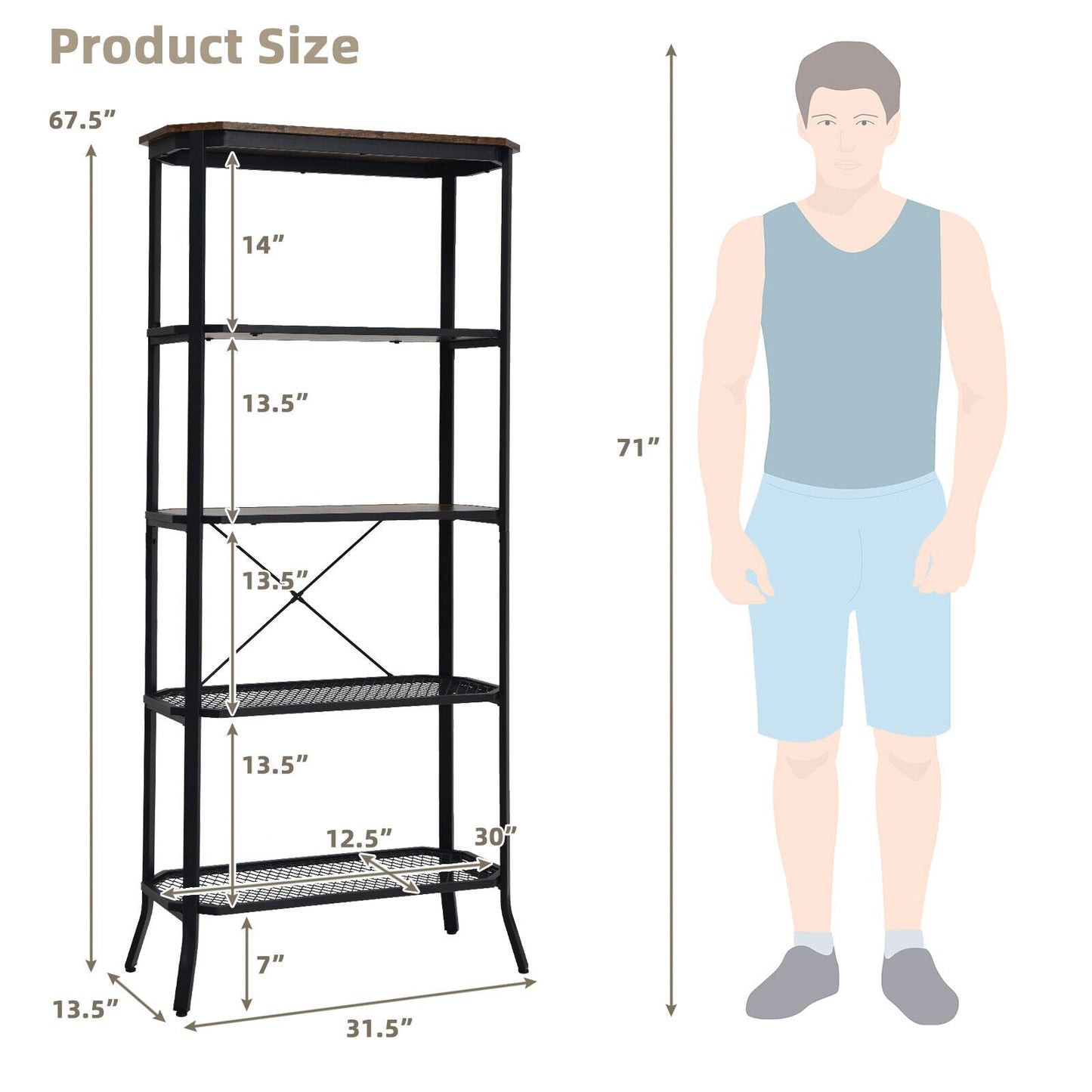 Estantería industrial de 5 niveles con patas extendidas - Marrón rústico