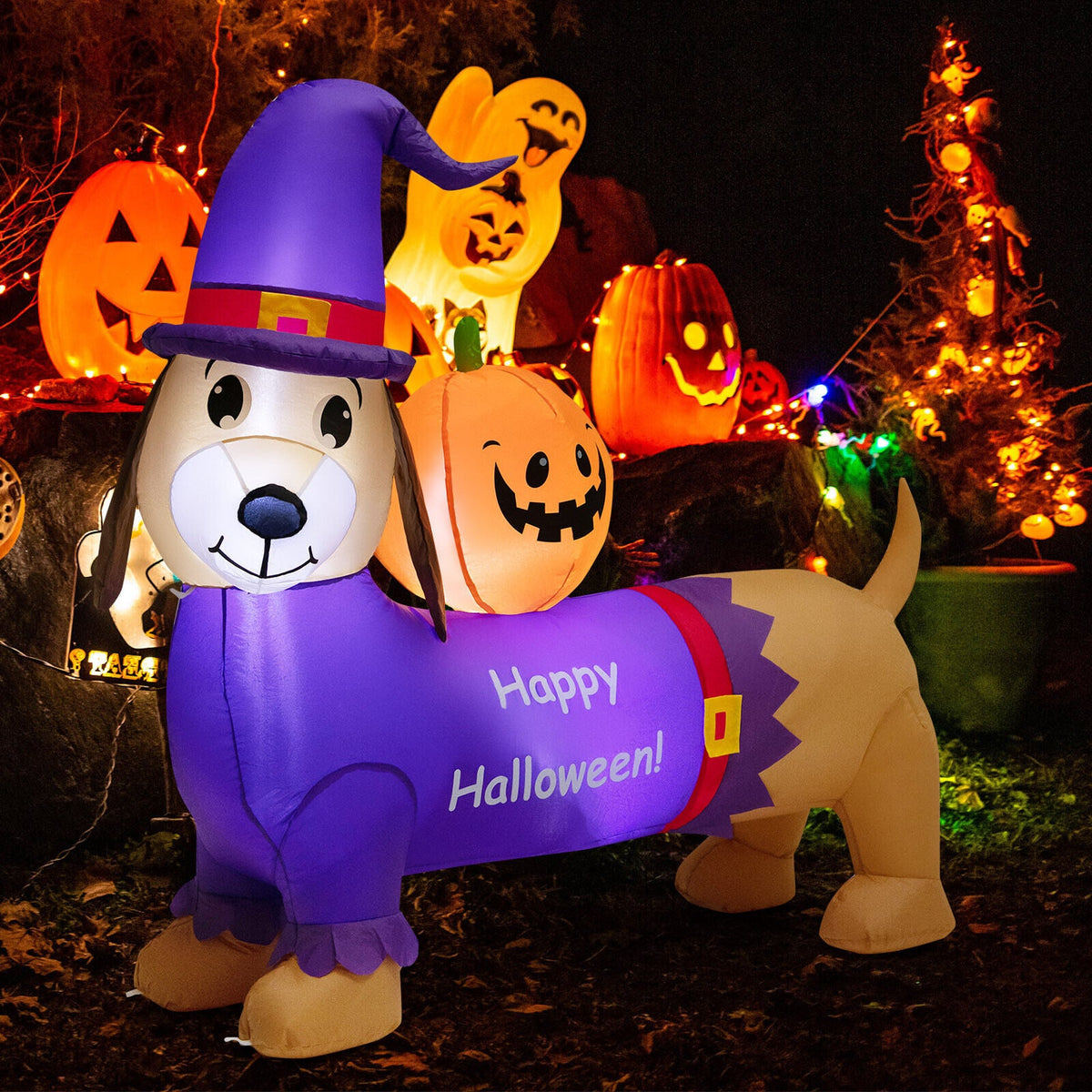 5 Feet Long Halloween Inflatable Dachshund Dog with Pumpkin; purple dachshund decoration on Tampa Home & Garden Store