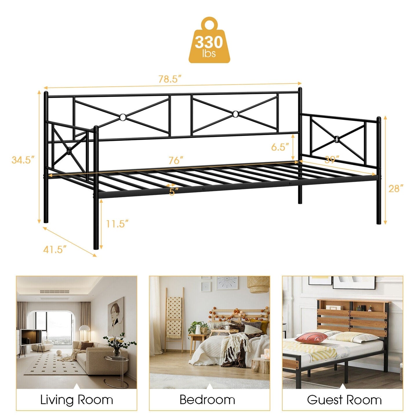 Metal Daybed Twin Bed Frame Stable Steel Slats Sofa Bed