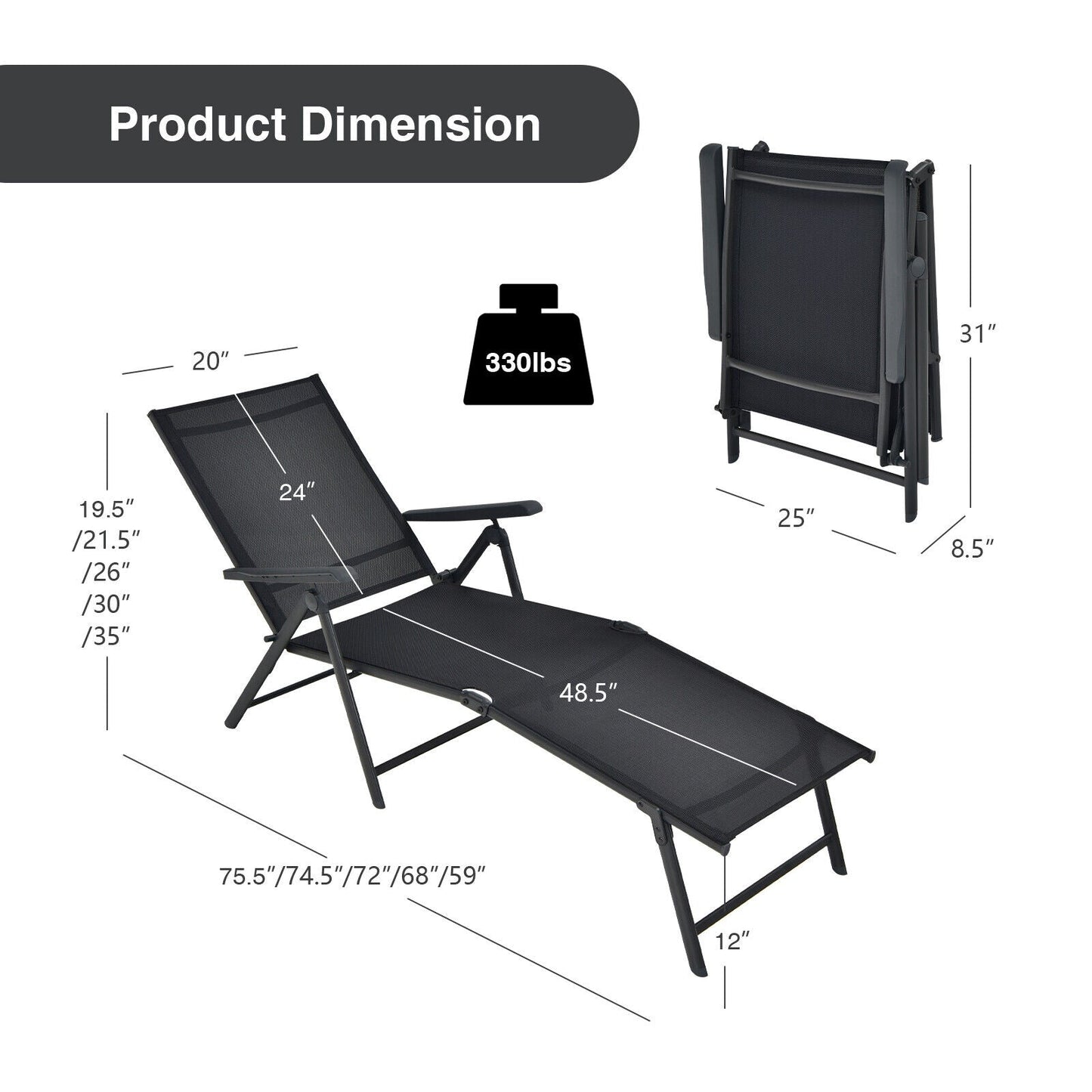 2 tumbonas plegables con reposapiés de 2 posiciones - Negro