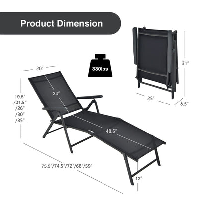2 tumbonas plegables con reposapiés de 2 posiciones - Negro