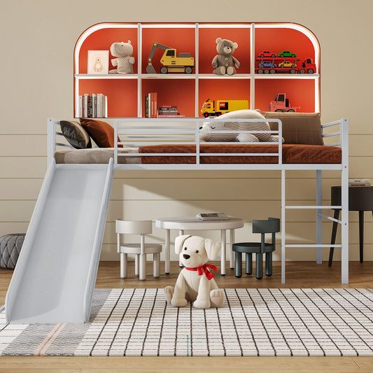 Twin Metal Loft Bed with Slide Safety Guardrails and Built-in Ladder-Silver - Tampa Home & Garden Store