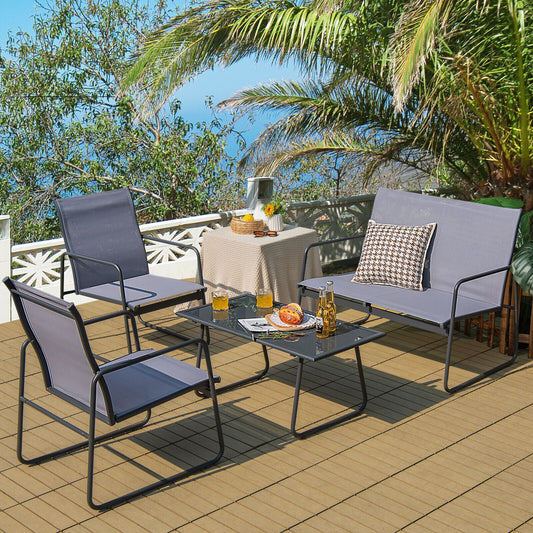 4 Pieces of Metal Patio Furniture Chat Set with Tempered Glass Coffee Table - Tampa Home & Garden Store