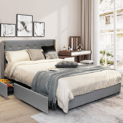 Base de cama tapizada Full/Queen con 4 cajones - Plateado - Tamaño Full