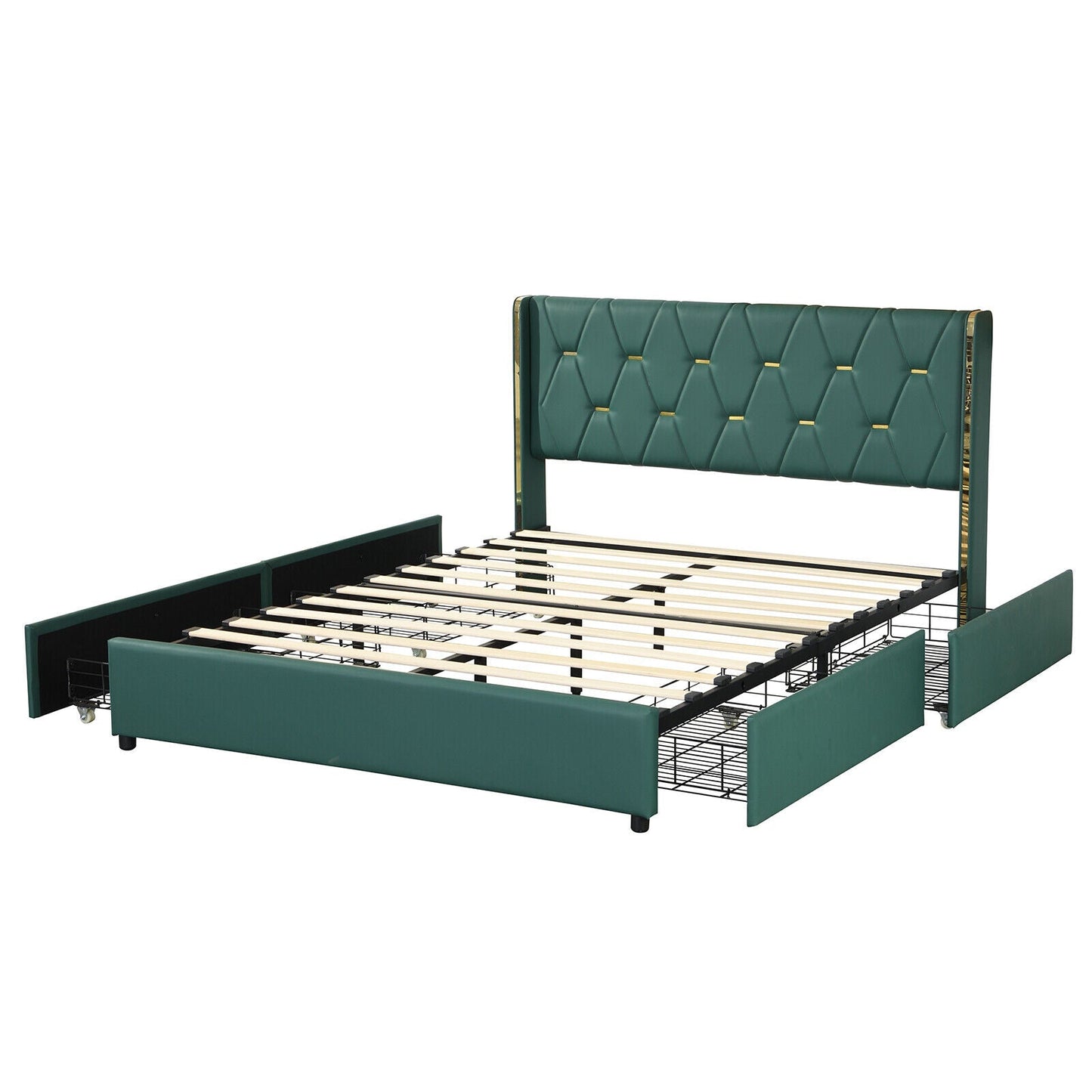 Base de Cama Tapizada con 4 Cajones, Tamaño Matrimonial/Queen - Verde - Tamaño Matrimonial