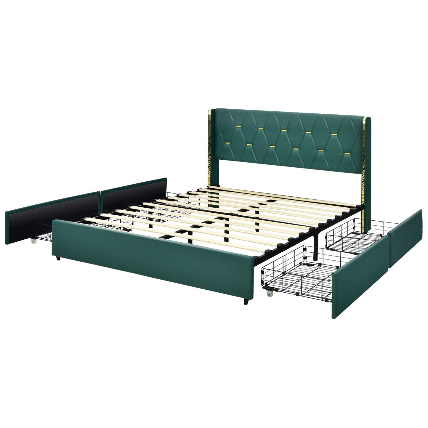 Base de Cama Tapizada con 4 Cajones, Tamaño Matrimonial/Queen - Verde - Tamaño Matrimonial