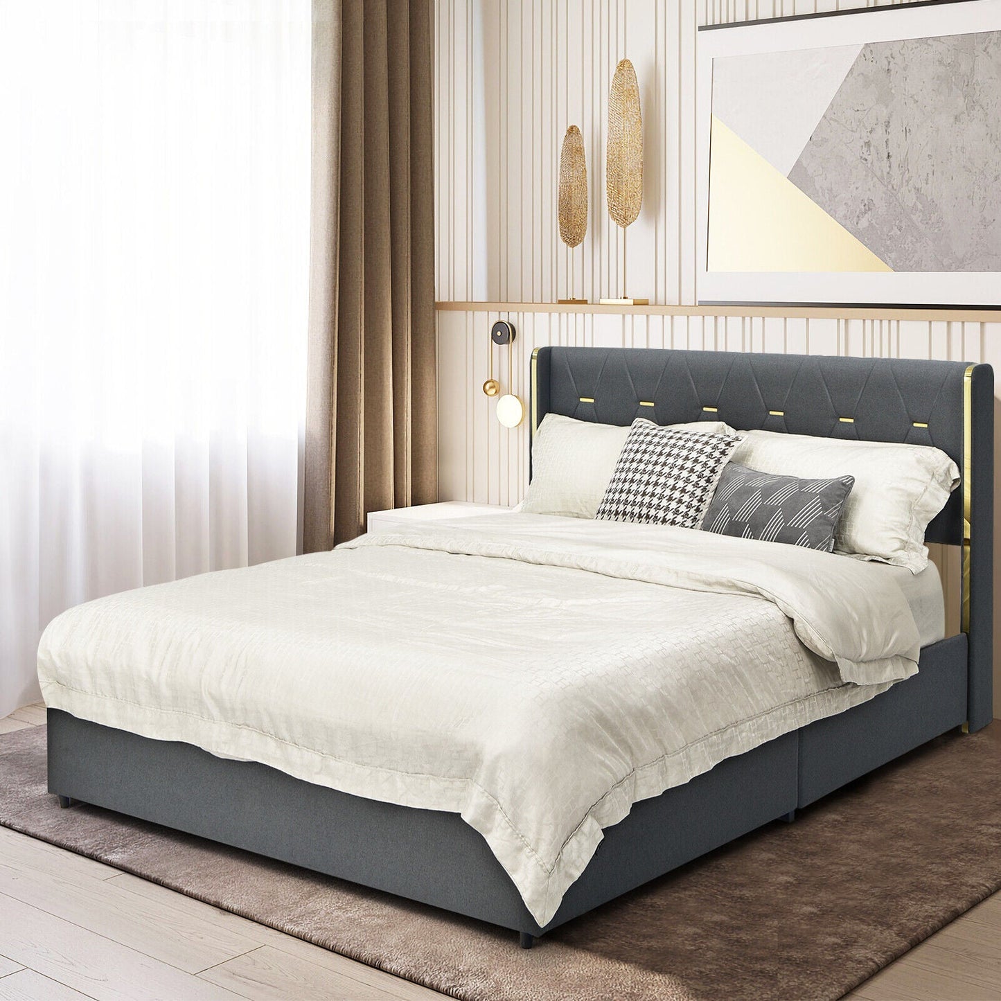 Base de cama tapizada con 4 cajones de almacenamiento, tamaño matrimonial/queen-Matrimonial