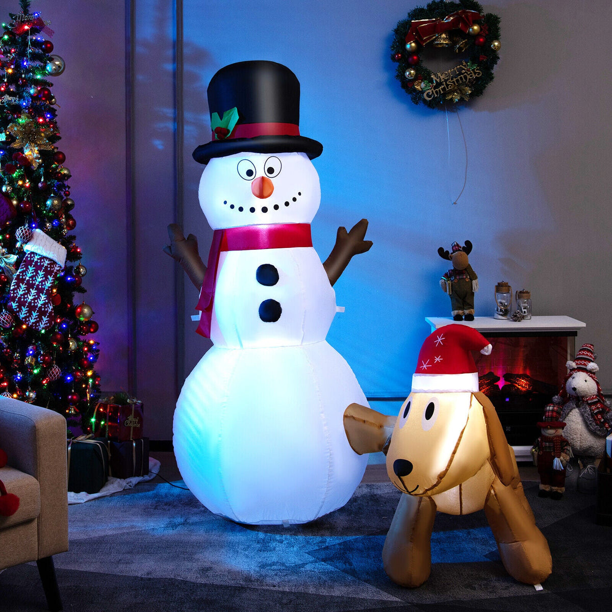 6 Feet Inflatable Snowman and Dog Set with LED Lights; white snowman with black hat and red scarf beside a gold dog on Tampa Home & Garden Store