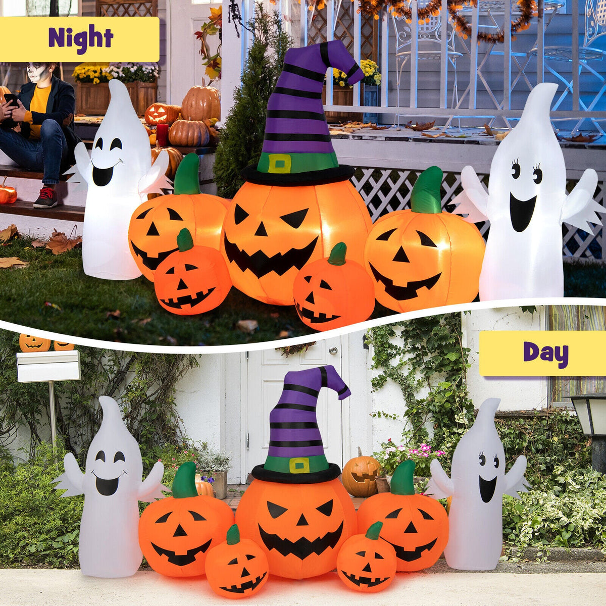 9ft Halloween inflatable pumpkins with 2 ghosts and striped witch hat from DirectDeals for yard on Tampa Home & Garden Store