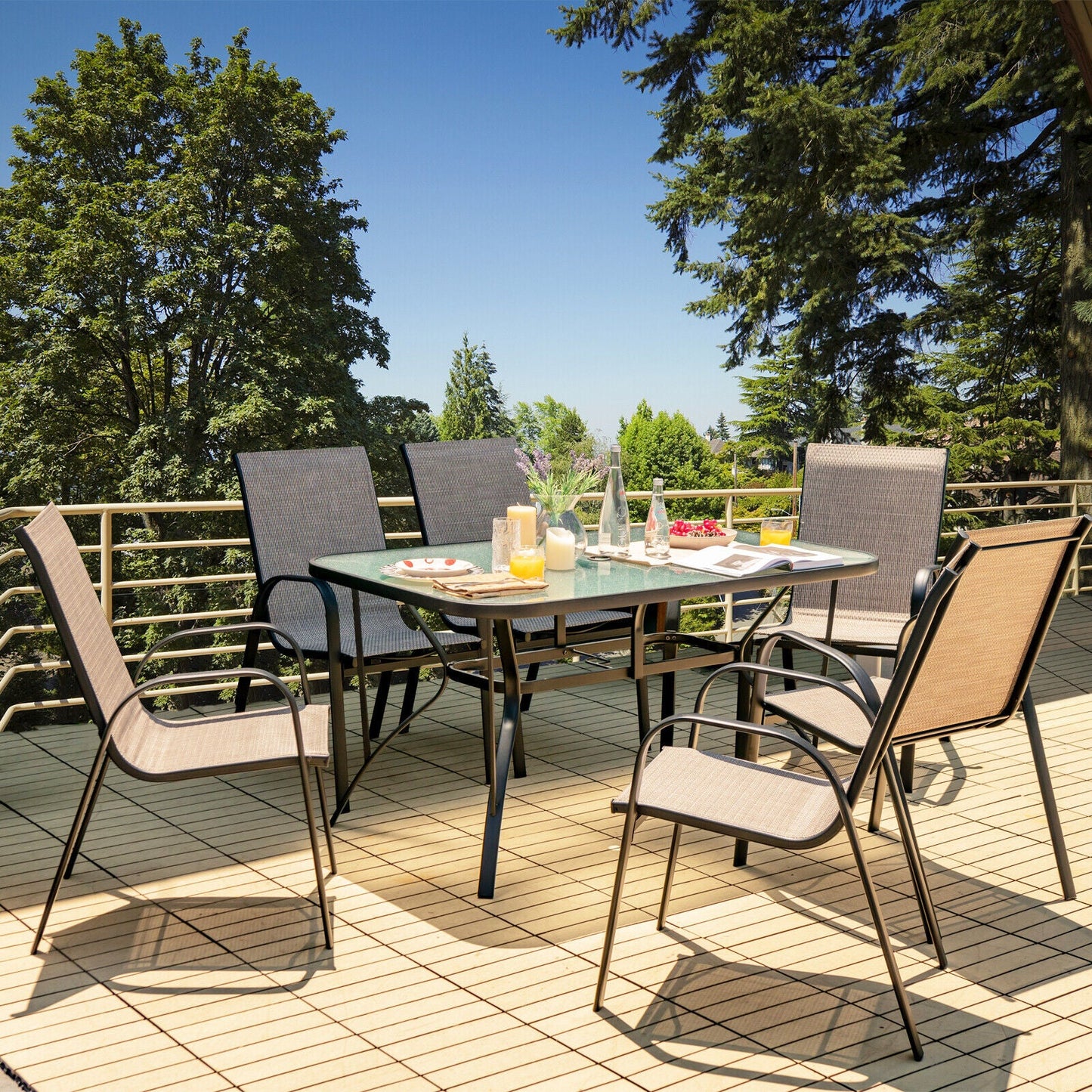 6 sillas de comedor apilables para patio con reposabrazos curvos y tela transpirable