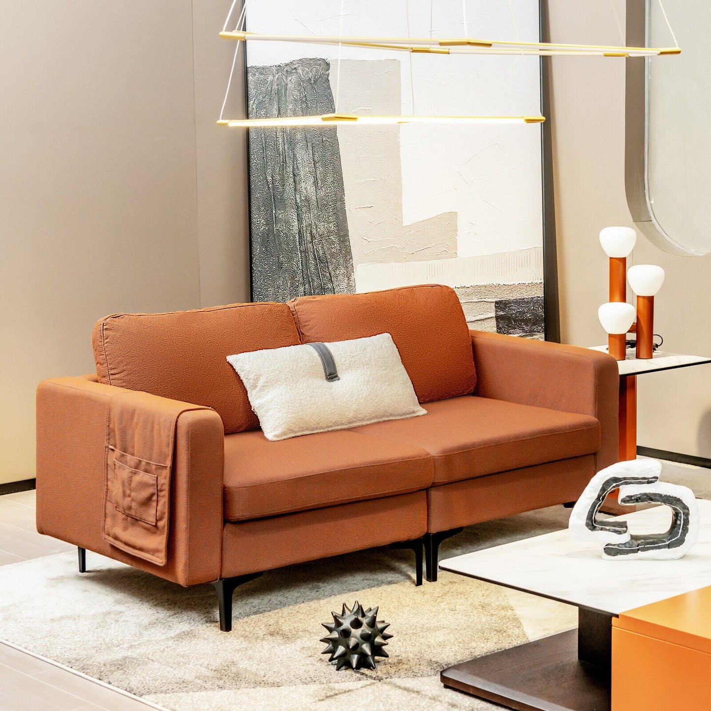 Sofá moderno de dos plazas con bolsillo lateral de almacenamiento y cojines de asiento acolchados de esponja - Naranja