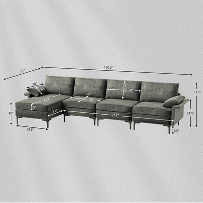 Extra Large L-shaped Sectional Sofa with Reversible Chaise and 2 USB Ports for 4-5 People