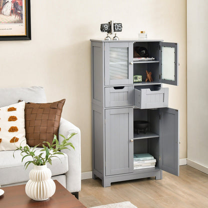Mueble de baño independiente de 4 puertas con 2 cajones y puertas de cristal - Gris