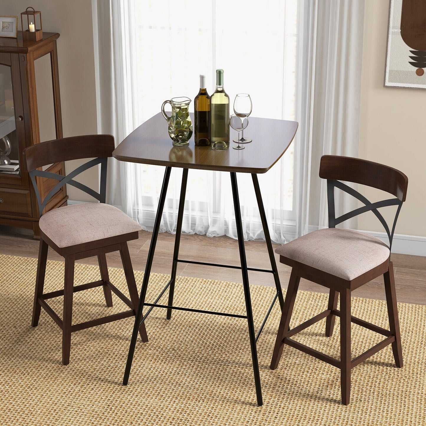 Juego de 2 taburetes de bar de madera giratorios con asiento acolchado y respaldo en X abierto - 25 pulgadas