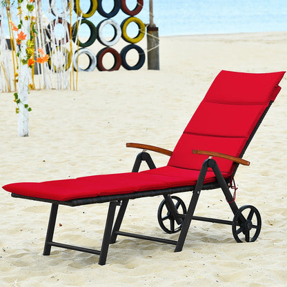 Tumbona Plegable de Ratán para Patio con Ruedas - Roja