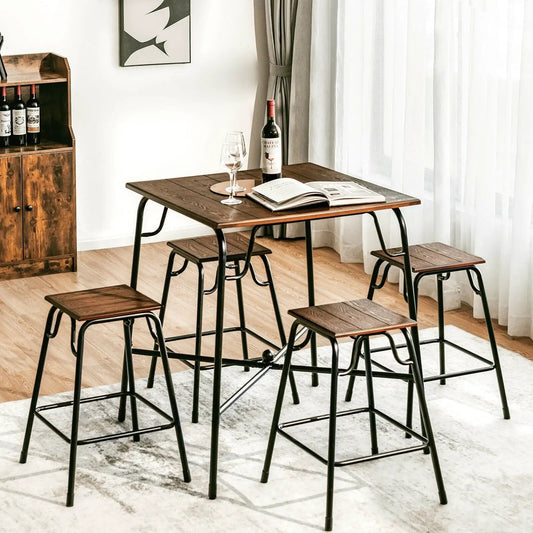 Bar table set with 4 rustic brown backless stools, wood tabletop and black metal frames on Tampa Home & Garden Store