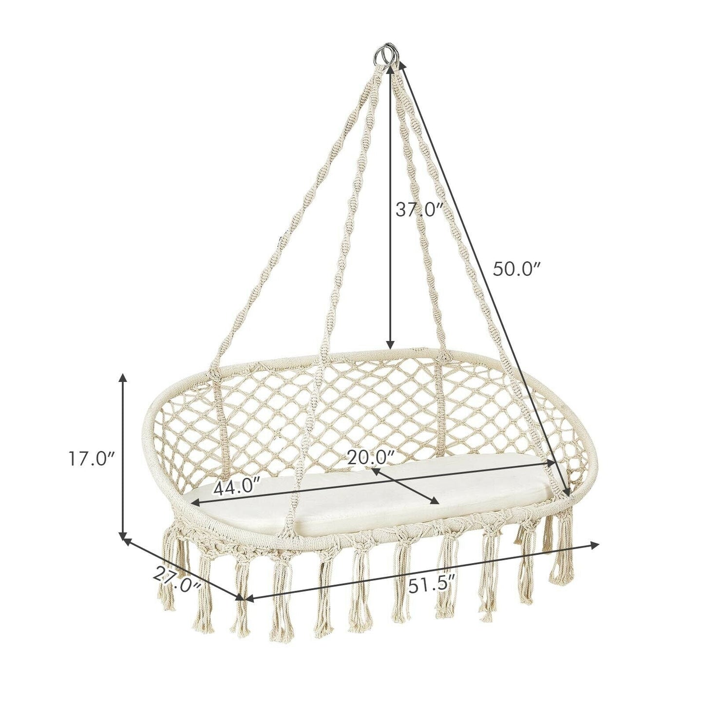 Silla de hamaca colgante de macramé para 2 personas con cojín - Beige