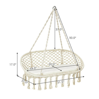 Silla de hamaca colgante de macramé para 2 personas con cojín - Beige