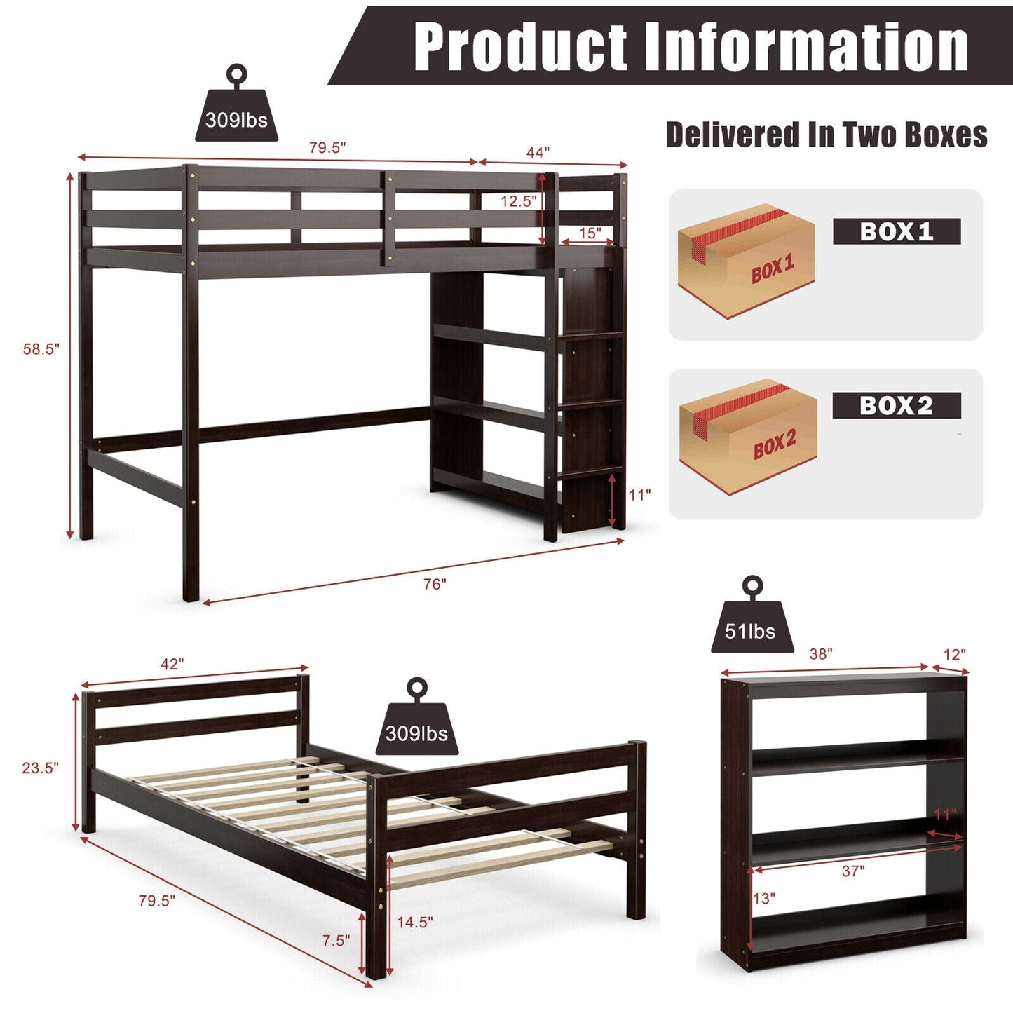 Litera tipo loft doble sobre doble con estantería - Marrón oscuro