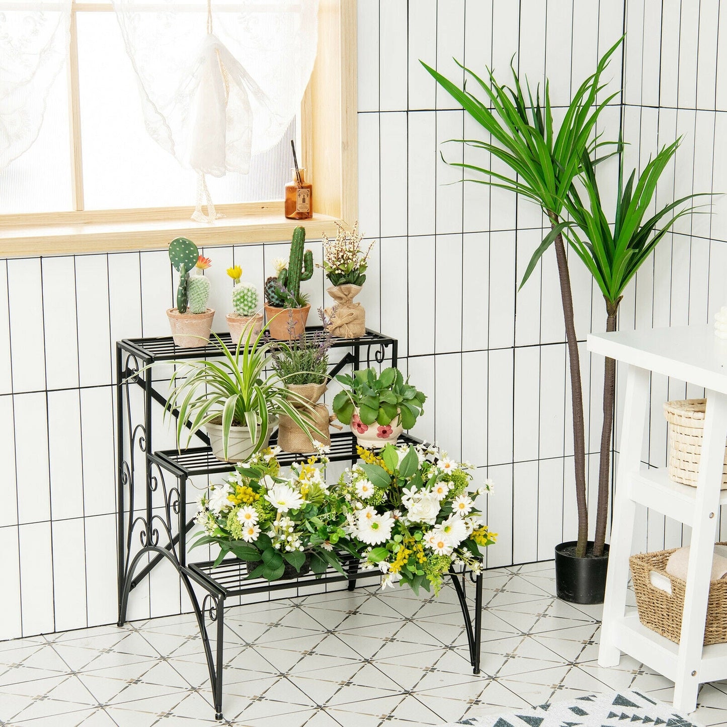 Estantería de metal de 3 niveles para plantas con rejilla ensanchada para porche/jardín-Negro