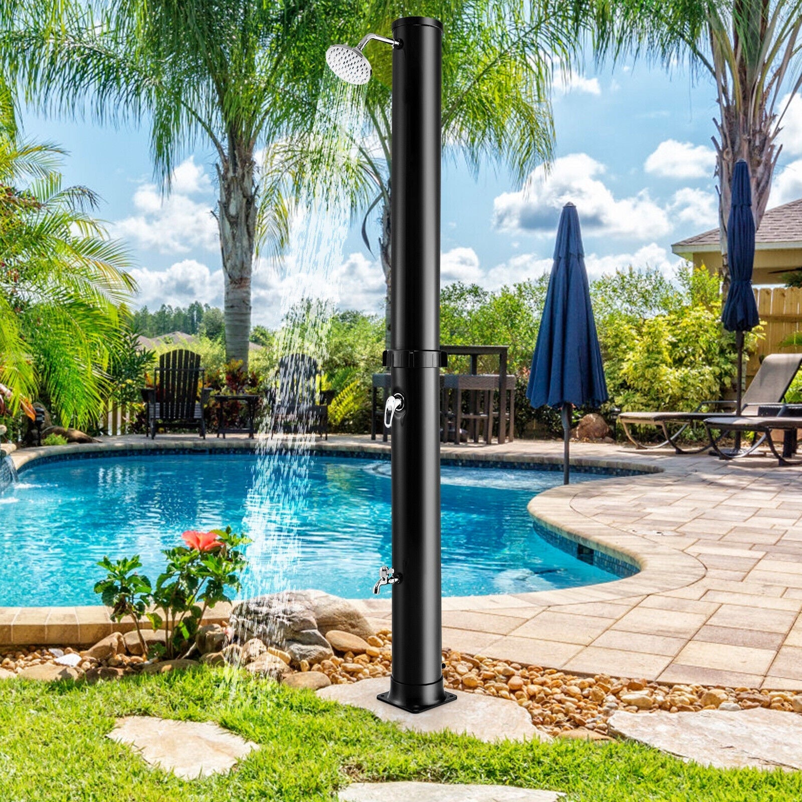 GemGear 7.2ft solar-heated outdoor shower with free-rotating head, black pole beside pool on Tampa Home & Garden Store