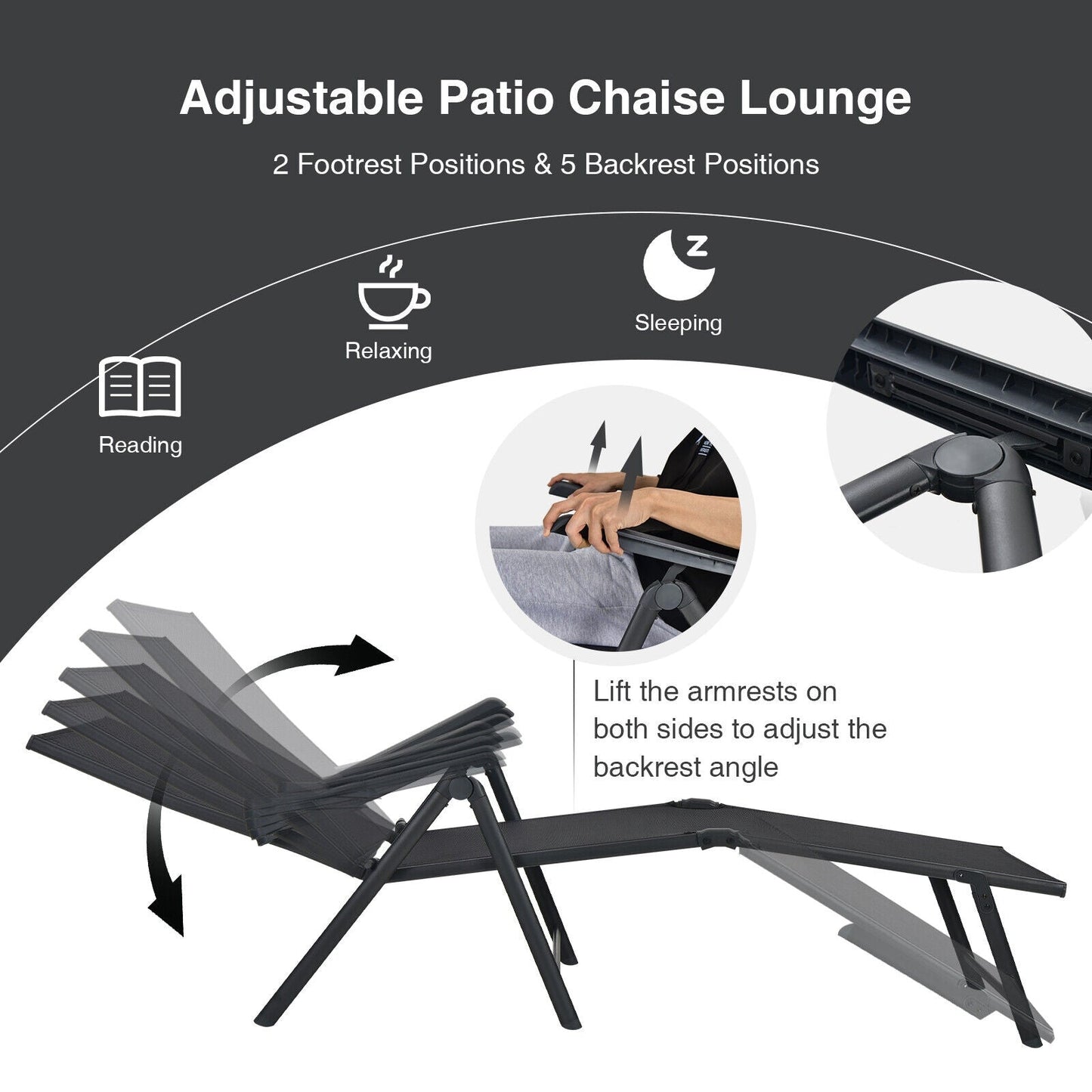 2 tumbonas plegables con reposapiés de 2 posiciones - Negro