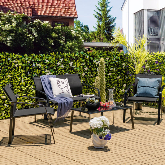 4 Pieces Patio Furniture Set with Armrest Loveseat Sofas and Glass Table Deck-Black - Tampa Home & Garden Store