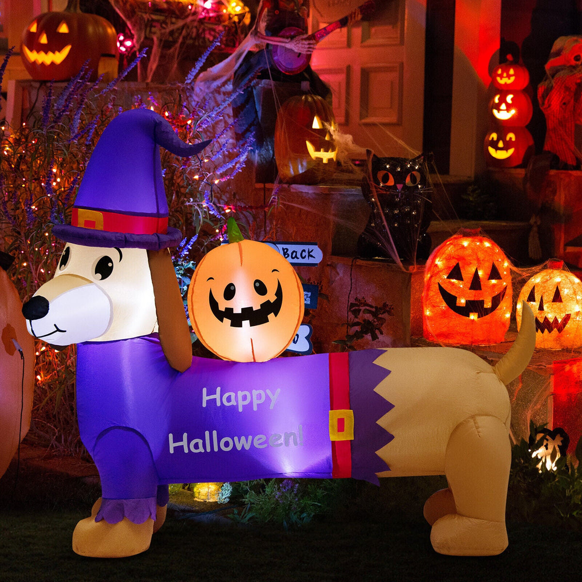 5 Feet Long Halloween Inflatable Dachshund Dog with Pumpkin, purple wizard hat, DirectDeals decor on Tampa Home & Garden Store