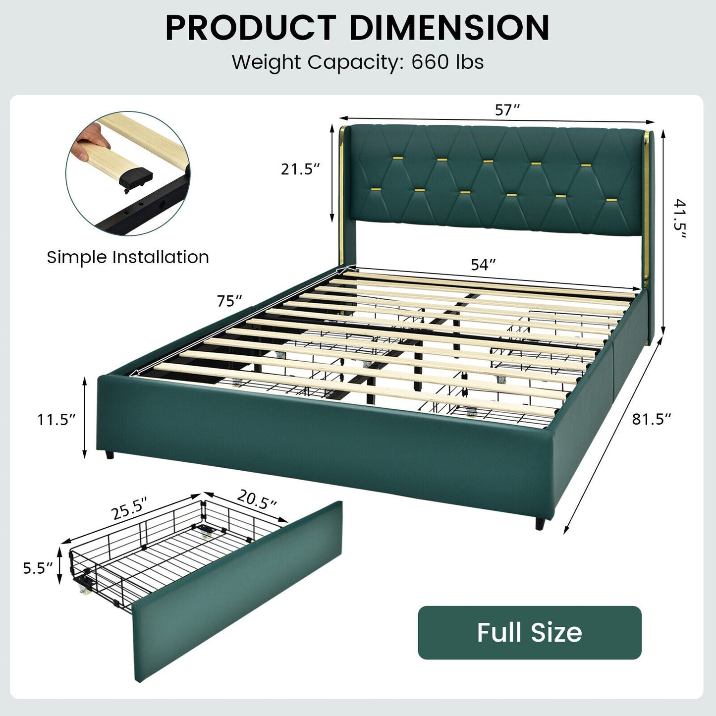 Base de Cama Tapizada con 4 Cajones, Tamaño Matrimonial/Queen - Verde - Tamaño Matrimonial