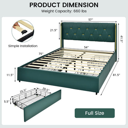 Base de Cama Tapizada con 4 Cajones, Tamaño Matrimonial/Queen - Verde - Tamaño Matrimonial