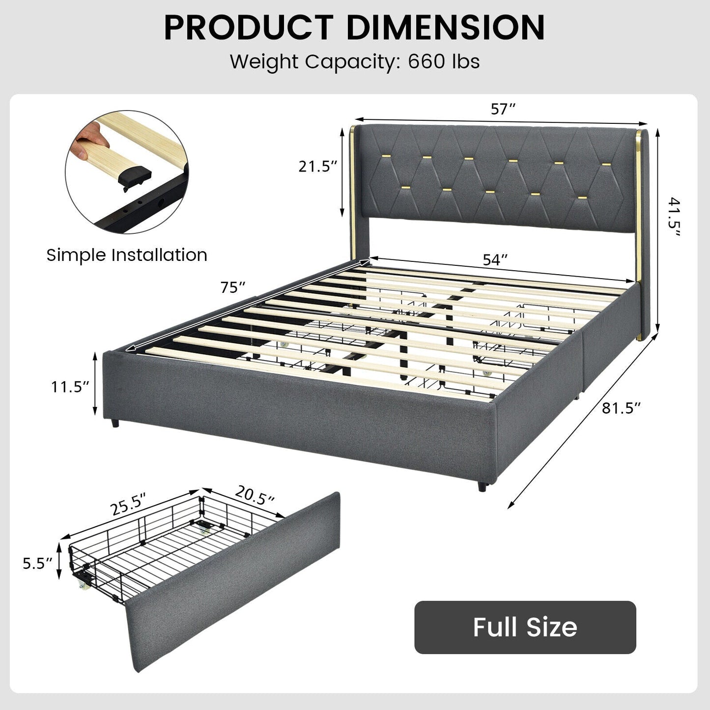 Base de cama tapizada con 4 cajones de almacenamiento, tamaño matrimonial/queen-Matrimonial