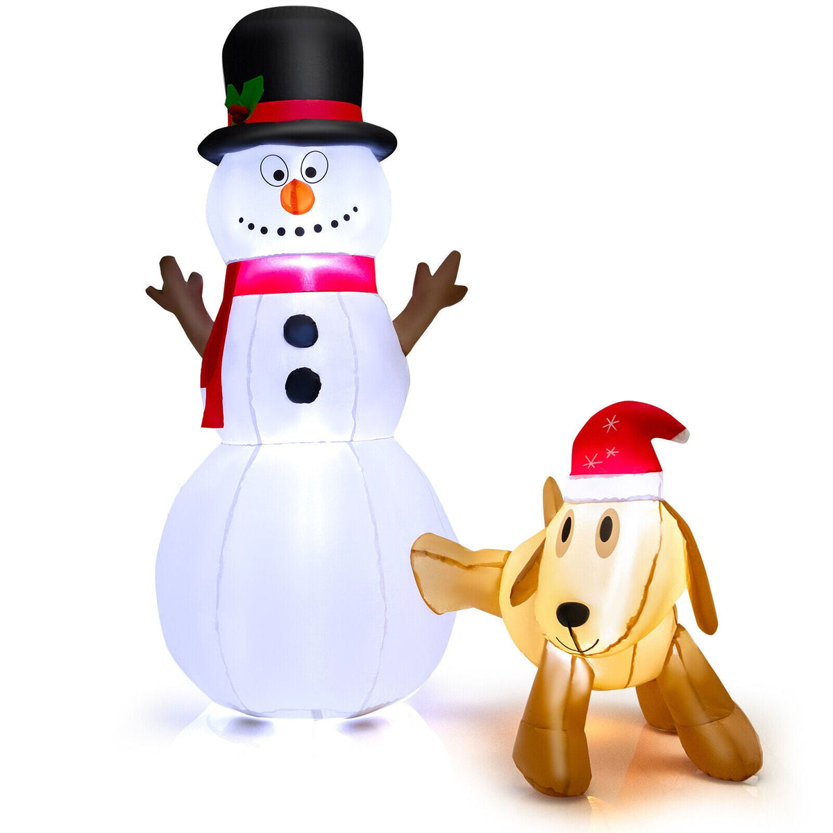 Inflatable snowman and dog set with LED lights, 6 ft tall, snowman with top hat and red scarf on Tampa Home & Garden Store