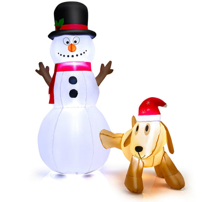 Inflatable snowman and dog set with LED lights, 6 ft tall, snowman with top hat and red scarf on Tampa Home & Garden Store