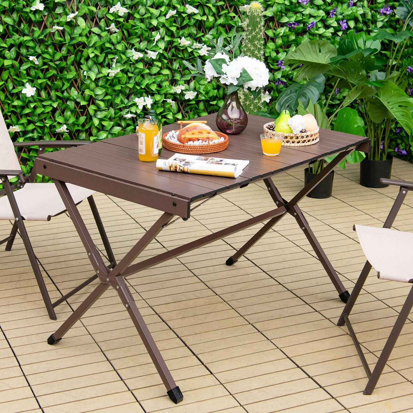 Mesa de camping portátil de aluminio para 4-6 personas con bolsa de transporte - Marrón