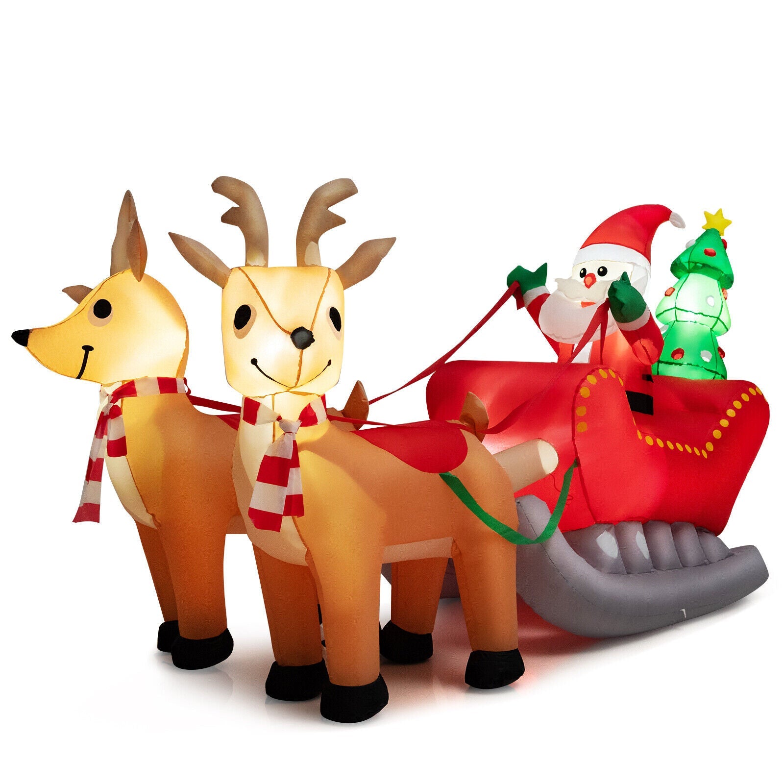 7.2 ft Christmas inflatable Santa riding a red sled with LED lights, pulled by two reindeer on Tampa Home & Garden Store