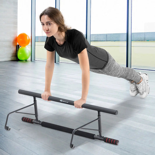 DirectDeals push-up bar with gray steel frame and red grips; woman in black top mid push-up on Tampa Home & Garden Store