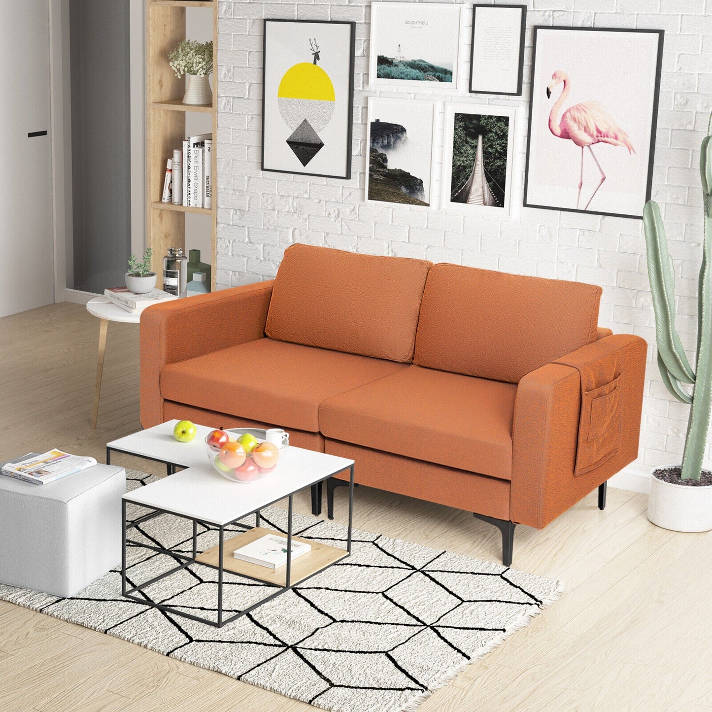 Sofá moderno de dos plazas con bolsillo lateral de almacenamiento y cojines de asiento acolchados de esponja - Naranja