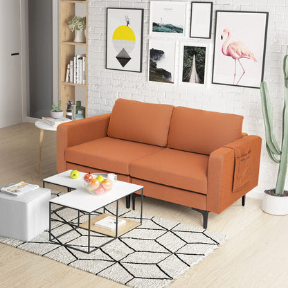 Sofá moderno de dos plazas con bolsillo lateral de almacenamiento y cojines de asiento acolchados de esponja - Naranja