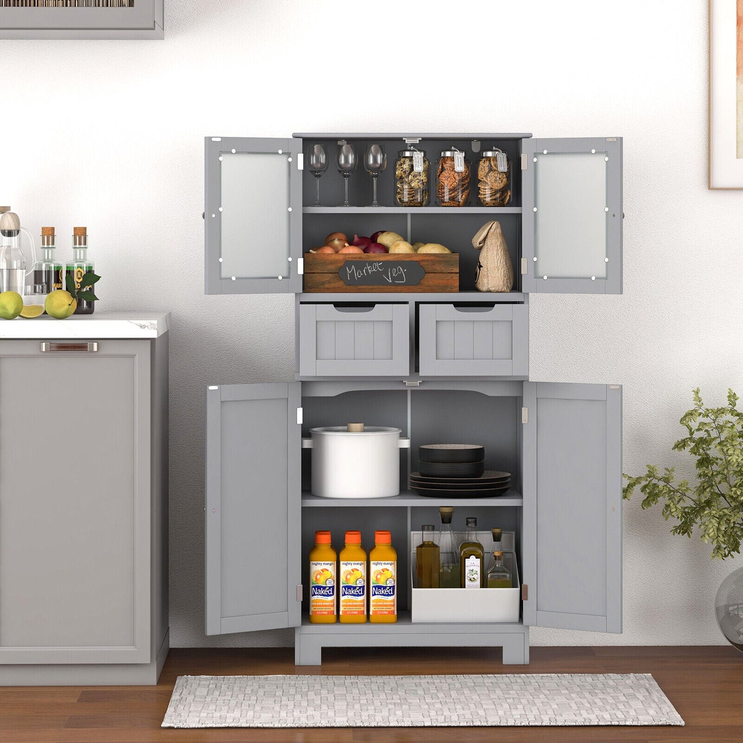 Mueble de baño independiente de 4 puertas con 2 cajones y puertas de cristal - Gris