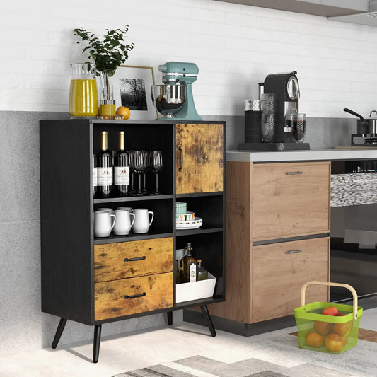 Industrial buffet sideboard with cubbies and drawers, black frame with rustic oak panels on Tampa Home & Garden Store