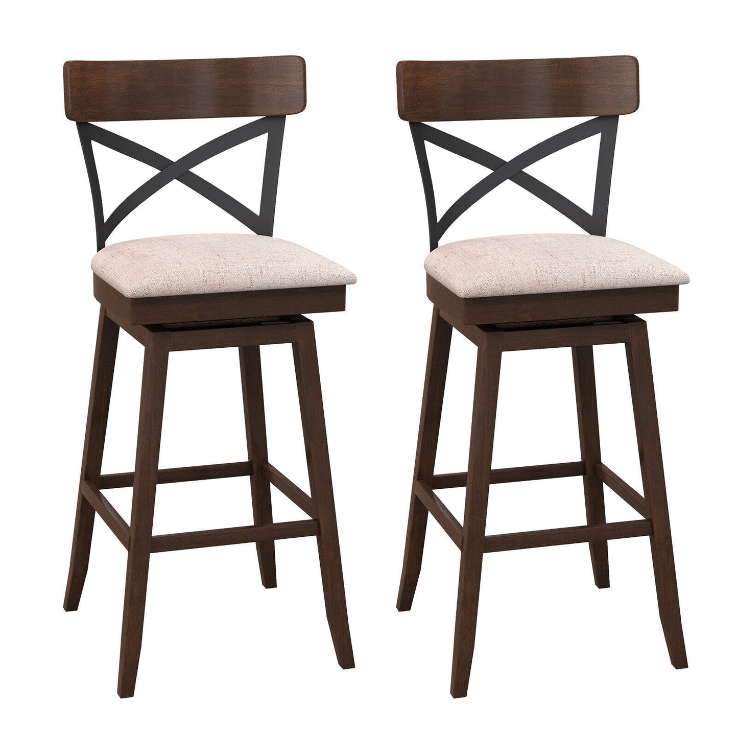 Juego de 2 taburetes de bar de madera giratorios con asiento acolchado y respaldo en X abierto - 25 pulgadas