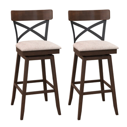 Juego de 2 taburetes de bar de madera giratorios con asiento acolchado y respaldo en X abierto - 25 pulgadas