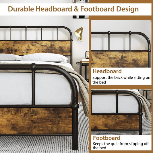 Queen Size industrial metal bed frame with black rails and wood headboard panel DirectDeals on Tampa Home & Garden Store