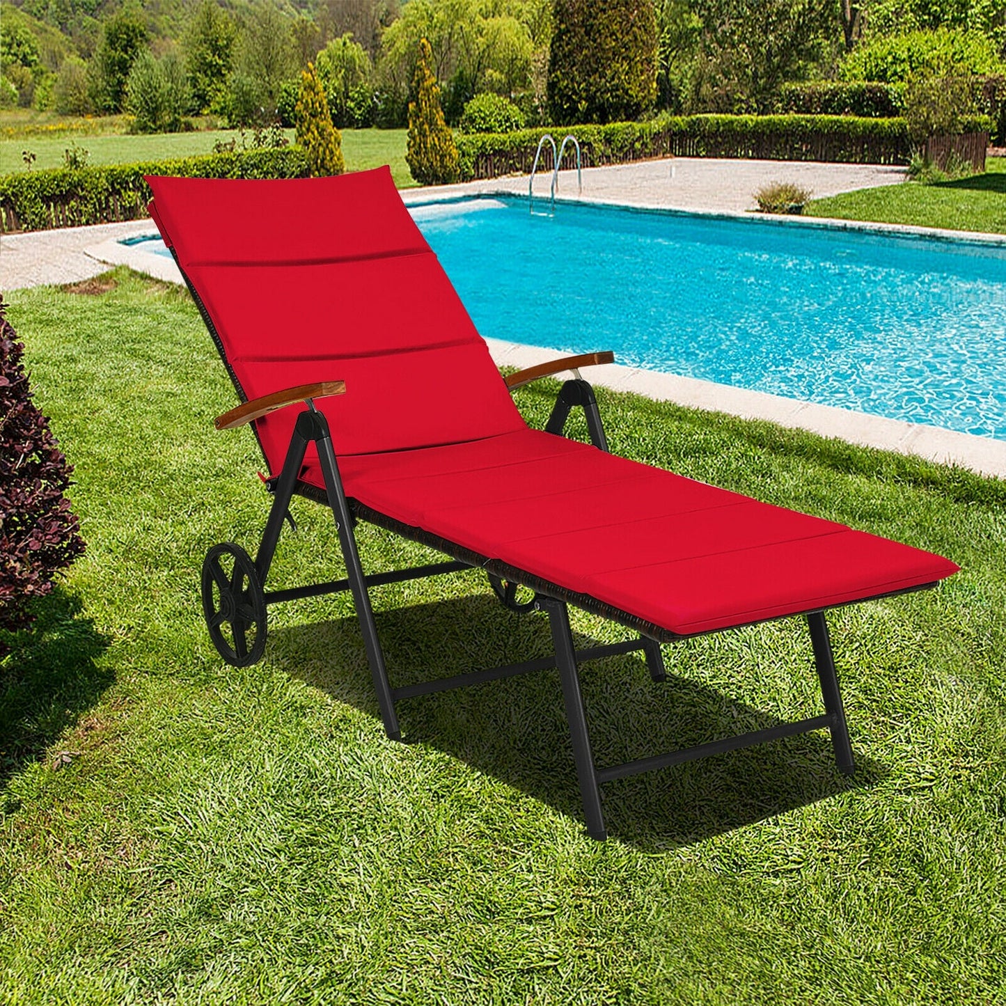 Tumbona Plegable de Ratán para Patio con Ruedas - Roja