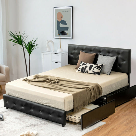 Full/Queen PU Leather Upholstered Platform Bed with 4 Drawers - Tampa Home & Garden Store