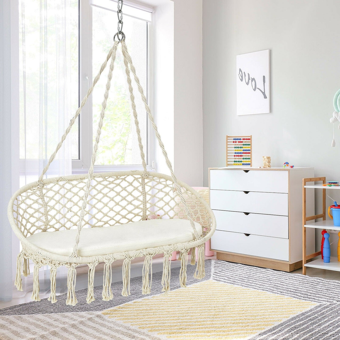 Silla de hamaca colgante de macramé para 2 personas con cojín - Beige