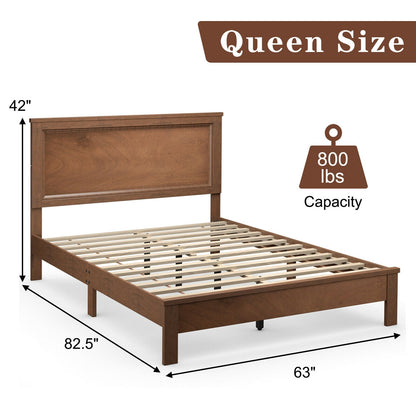 Base de Cama Queen con Plataforma y Somier de Lamas, Cabecero Alto y Patas de Madera de Caucho-Nogal