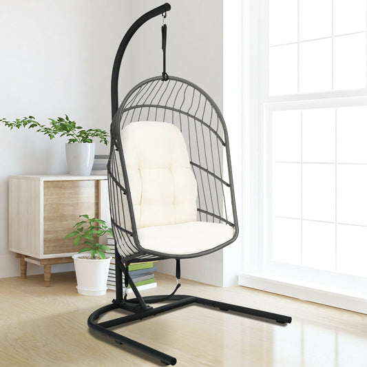 Hanging Wicker Egg Chair with Stand -Beige - Tampa Home & Garden Store