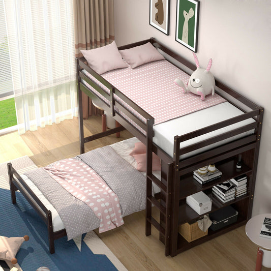 Twin Over Twin Loft Bunk Bed with Bookcase-Dark Brown - Tampa Home & Garden Store